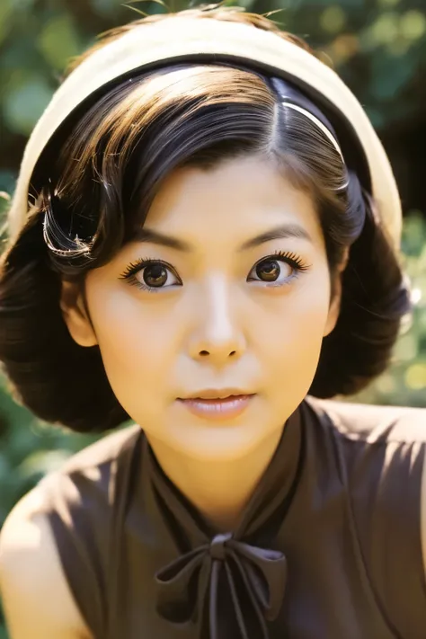 Skinny Japanese 40s woman in a costume of 1960s, cute face, detailed face, detailed eyes, a sepia-toned photo