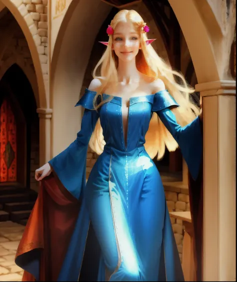 Tall, slender, long blonde hair, blue eyes, red dress, medieval elf with a beautiful smile