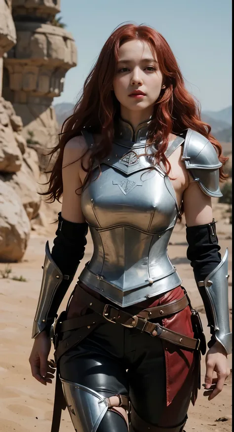 very pale woman (knight, on a desert place), ((((very very very long curlie curly red hair)))), looking at viewer, wearing (a leather pants, cuirass, gorget, pauldron, couter, vambrace, gauntlets, cuisses, greaves, sabatons, poleyn, tasses, plackard, rereb...