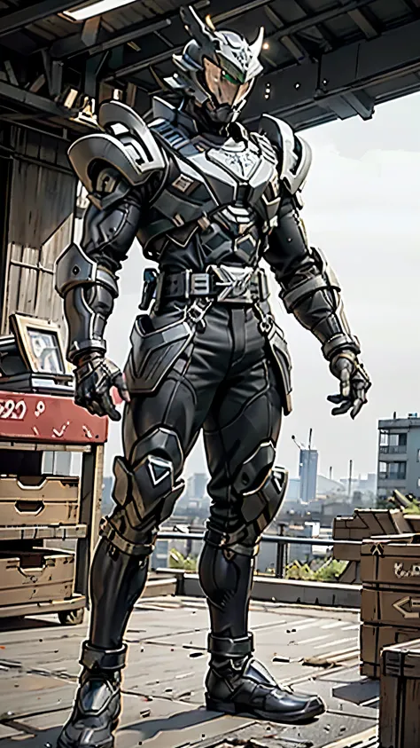 A man wearing a full-face helmet, a fantasy-style biomecha armored combat suit, green eyes, a composite layered chest armor, fully enclosed shoulder guards, matching arm and leg guards, the belt is adorned with dragon claw grasping orbs, primarily black wi...