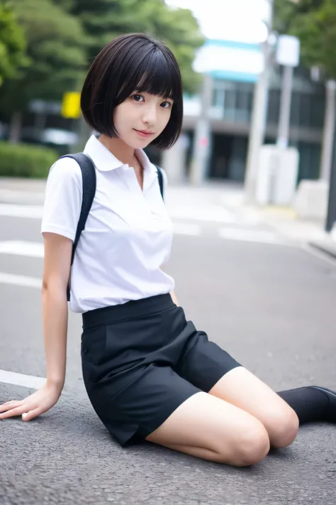 Japanese black short medium hair female college student、、Wearing skirt-like trousers、Staring at me、Shorts、High-definition, unedited, real-life photos、Sit on the ground、Tight fit
