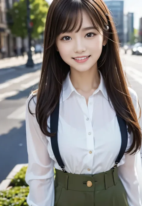 masterpiece, best quality:1.1), (8k, raw photo, photo realistic:1.2, f22), (shiny skin), detailed skin,long hair,detailed face, detailed eyes,smile,BREAK, real world, intricate details, smil, BREAK, 1girl, full body,(shirt,pants,)BREAK, (city:1.4)