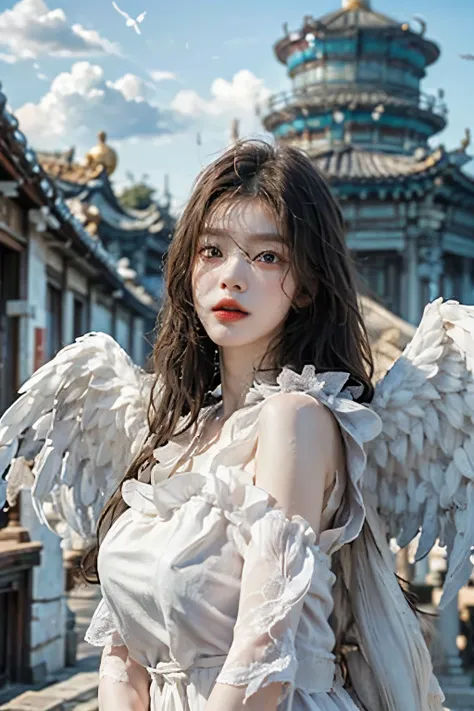 ((best quality)), ((masterpiece)), (detailed), perfect face, Masterpiece, 8K, (매우 detailed 얼굴 표현), angel girl flying in the sky, korean beauty, Detailed wing expression, Plump clouds, white clouds in the sky, temple of heaven, (Whole_body), (full body),