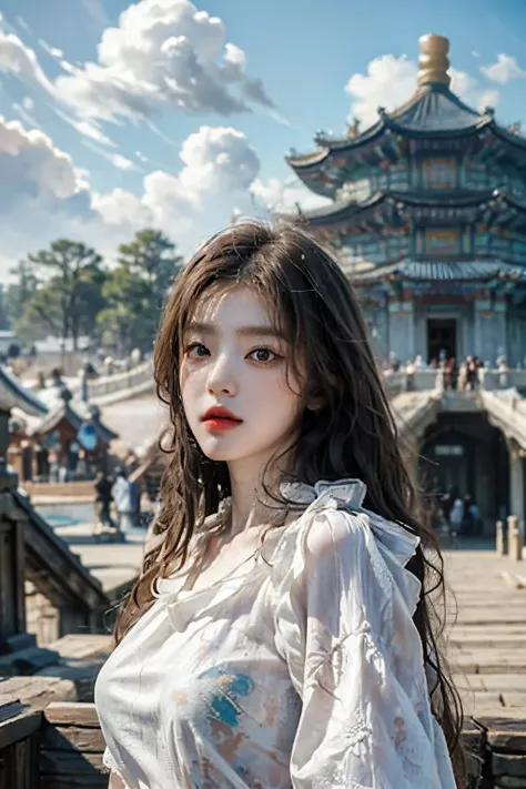 ((best quality)), ((masterpiece)), (detailed), perfect face, Masterpiece, 8K, (매우 detailed 얼굴 표현), angel girl flying in the sky, korean beauty, Detailed wing expression, Plump clouds, white clouds in the sky, temple of heaven, (Whole_body), (full body),