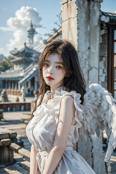 ((best quality)), ((masterpiece)), (detailed), perfect face, Masterpiece, 8K, (매우 detailed 얼굴 표현), angel girl flying in the sky, korean beauty, Detailed wing expression, Plump clouds, white clouds in the sky, temple of heaven, (Whole_body), (full body),