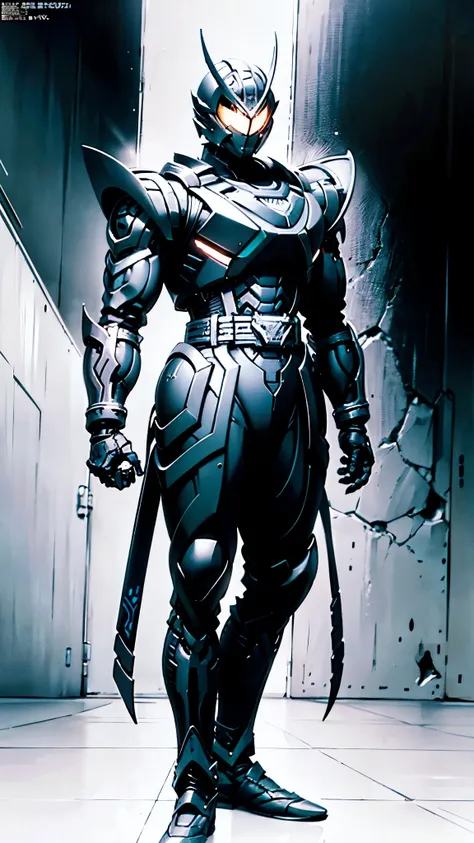 A man wearing a full-face helmet, a fantasy-style biomecha armored combat suit, green eyes, a composite layered chest armor, fully enclosed shoulder guards, matching arm and leg guards, the belt is adorned with dragon claw grasping orbs, primarily black wi...