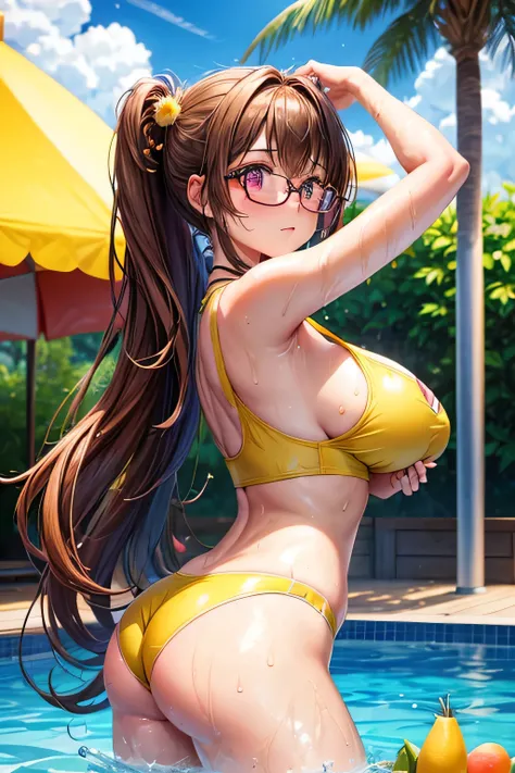 High resolution, high quality, One girl, Anime Girls, Brown long hair, Brown eyes, Pink Glasses,heart shaped pupils,Sunburned skin, Large Breasts,beautiful breasts,pointy breasts,(Big Ass),beautiful ass,Embarrassed,Tank Top,swimsuit,Back Pose,lower body,sw...