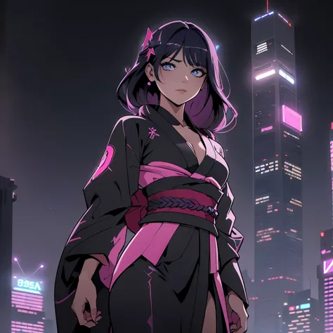 anime, (obra de arte, melhor qualidade, ultra-detalhado, alto contraste), 1 mulher (Sozinho, corpo todo, corpo plus size, standing on the edge of the skyscraper, cabelo prateado, CABELO LONGO E FLUXO, olhos vermelhos brilhantes de rubi, (Kimono preto, blac...