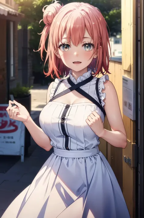 yuiyuigahama, yui yuigahama, short hair, (Brown eyes:1.5), (Pink Hair:1.2), Hair Bun, single Hair Bun, smile, (Big Breasts:1.2),happy smile, smile, Open your mouth,
, Sleeveless dress,Long skirt,Cute Sandals,walking,Real Summer,Daytime,sunny,whole bodyがイラス...