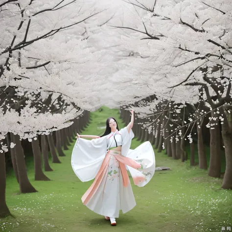 Girl dancing in the peach blossom forest，Photographed with a Canon 5D Mark IV camera。She is wearing white Hanfu，Spinning among the flowers，The skirt flutters with her movements。Her expression showed joy.。The camera&#39;s high resolution captured vivid deta...