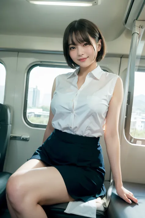 highest quality, masterpiece, Ultra-high resolution, (Reality: 1.4), Original photo, One girl, mature, White JK Uniform, happy smile, short hair,  large chest , plump body, button gap:1.35, sitting on seat in train, open legs:1.5, Cinema Lighting, Landscap...