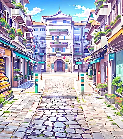 anime - style scene of a street with a cobblestone road and a building, fundo do centro da cidade, fundo de anime art, Renaissance background of the port city, fundo da cidade, paisagem urbana estilo anime, fundo de anime, streets of the ancient city behin...