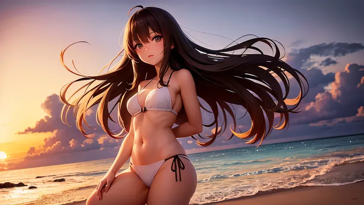 An anime girl relaxing at the beach, beach, tides, beautiful sunset sky, beach swimwear, Miami, ocean, (perfect anime quality, perfect face) , photo quality, wavy brown hair, medium breasts, watching the sunset