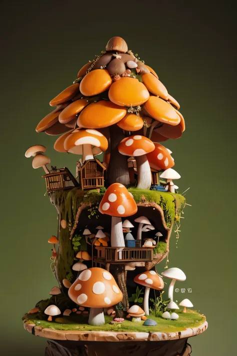 mushroom, jungle, colorful, colored stone, vegetation, miniature photography, warm tone, orange, mushroom house group