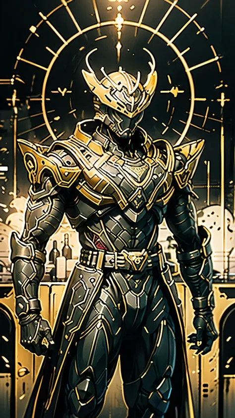 A man wearing a full-face helmet, a fantasy-style biomecha armored combat suit, green eyes, a composite layered chest armor, fully enclosed shoulder guards, matching arm and leg guards, the belt is adorned with dragon claw grasping orbs, primarily black wi...