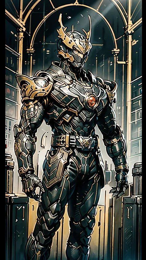 A man wearing a full-face helmet, a fantasy-style biomecha armored combat suit, green eyes, a composite layered chest armor, fully enclosed shoulder guards, matching arm and leg guards, the belt is adorned with dragon claw grasping orbs, primarily black wi...