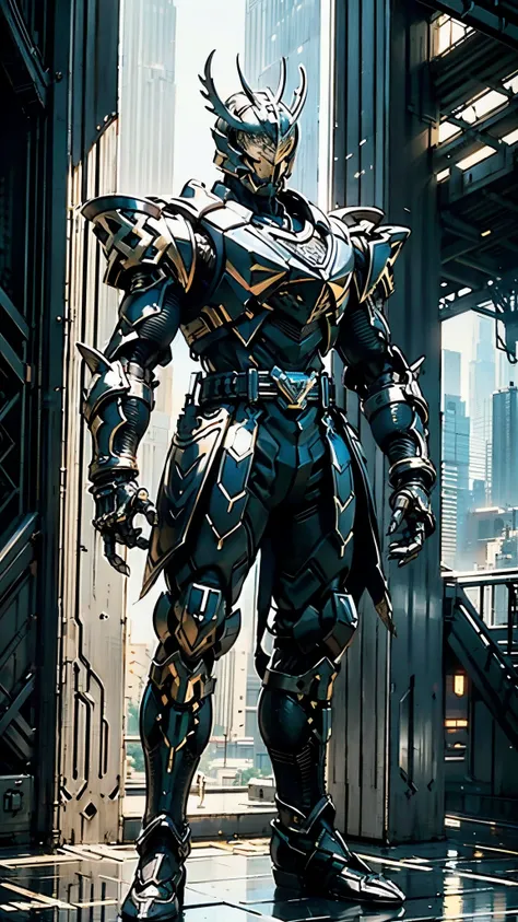 A man wearing a full-face helmet, a fantasy-style biomecha armored combat suit, green eyes, a composite layered chest armor, fully enclosed shoulder guards, matching arm and leg guards, the belt is adorned with dragon claw grasping orbs, primarily black wi...