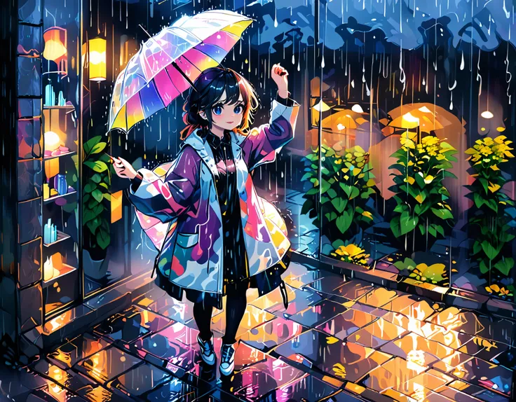 (best quality,ultra-detailed,realistic:1.37), humor,comic style,bold lines, a girl in a city at night,wearing made of transparent vinyl rainbow colored rain coat,holding an umbrella,((dancing in the rain like Singin in the Rain:1.8)),Close to cold colors,r...