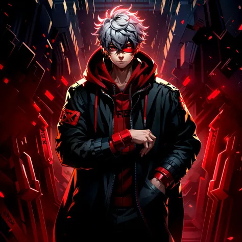 mn,red eyes,hands in pockets,male focus,hood,looking at viewer,6+boys,glowing,red theme,glowing eyes,white hair,1boy,closed mout...