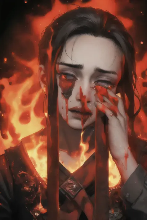 tears, boy crying, satanic symbols on fire, horror background, horror theme, dark fantasy, woman, wounderfull, best quality