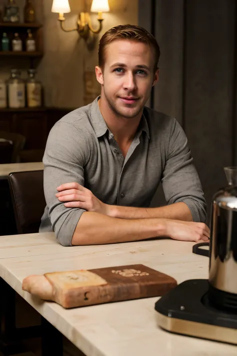 foto crua, photo of actor Ryan Gosling sitting introspectively at a table in a Parisian-style cafe, sorriso contemplativo, vestindo sob medida (terno tom ford) com camisa social marfim e gravata Gucci de seda cor de vinho com detalhes dourados, paredes pro...