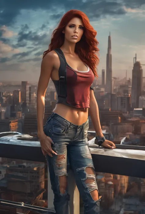 stunningly beautiful darkred-haired slim woman, buxom, perfect face, perfect features, complete body picture, ripped jeans, tank top, sneakers, laser cyborg left eye, glowing, dramatic pose, standing on top of a building, hyper realistic, ultra-detailed, h...