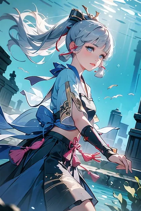 [(masterpiece, highest quality,3D)]:1.5 ((kamisato ayaka_Genshin Impact)),((One girl,Long Hair,Blue Hair,ponytail,Hair Ribbon, hair ornaments,Mole under the eye, blue eyes,breastplate,armor, Short sleeve,kimono,Blue Skirt, Tassel,gloves, Arm guard,))Ample ...