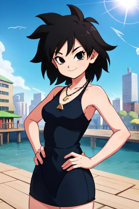 gine, 1girl, sunlight, solo, breasts, closed, blue sky, black hair, black eyes, city, bare shoulders, collarbone, cowboy shot, short hair, floating hair, looking at viewer, smile, looking at viewer, spiked hair, little black dress, blue necklace, pier, doc...
