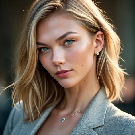 Masterpiece of the iconic American supermodel Karlie Kloss from the 1990s. Height: 188cm, Blonde hair cascading down, Green eyes sparkling, Slender figure, creating a unique allure.

Familiarize yourself with her striking features, Realistic and Hyper-real...