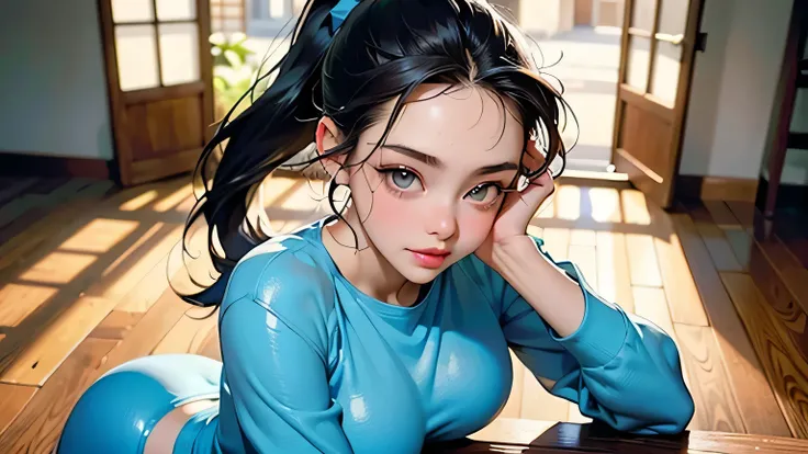 8k, highest quality, ultra high resolution, 1 female, 1980s pop culture anime style, 21 years old, (masterpiece, high resolution, detailed), Japanese, sweating, short cut, ponytail, big breasts (photorealistic) :1.4), (Famous Japanese actress:1.2), very be...