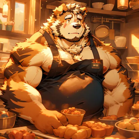 chefs cap, man, alone, apron, kemono, from below, barazoku, looking up, furry dog (Saint Bernard breed), hairy, muscular body, fat (fat, fat)