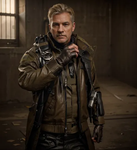 mature British man, has scars on his face, short, well-combed blonde hair, leather jacket, military pants, tactical gloves, harnesses with ammunition, communicators, grenades, pistol holster, is in a military bunker, radar screens, Ultra detailed, hyper re...