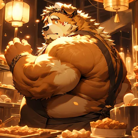 chefs cap, man, alone, wearing apron, kemono, from below, barazoku, looking up, hairy Dog (Saint Bernard), hairy breed, muscular body, fat (fat, fat), back, looking back,