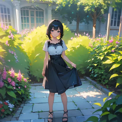 (high quality, High resolution, Very detailed, reality:1.37), Peaceful atmosphere, (Outdoor, garden), Teenage girl standing alone, (my breasts are big.), Beautiful details, Cute Smile, (Black bob hair), White short-sleeved dress, Sandals.