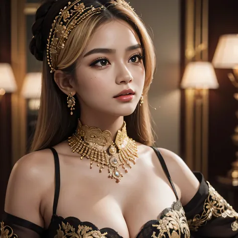 RAW, Best quality, high resolution, Masterpiece: 1.3), Beautiful busty blonde woman in intricately designed kebaya, Masterpiece, Soft expression, Realistic, 1girl, Charming, Detailed features, Black and Gold color scheme, Elegant, Indonesian theme, Exquisi...