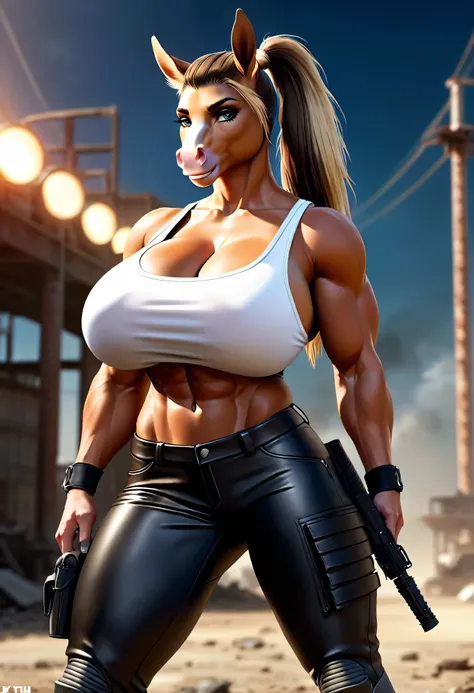 4k highly detailed realistic digital extremely high quality drawing, masterpiece, (by keeltheequine), (uploaded on e621), (a full-body portrait of a female anthro horse), (posing in a post-apocalyptic wasteland), ((wearing a tanktop, tight leather pants an...