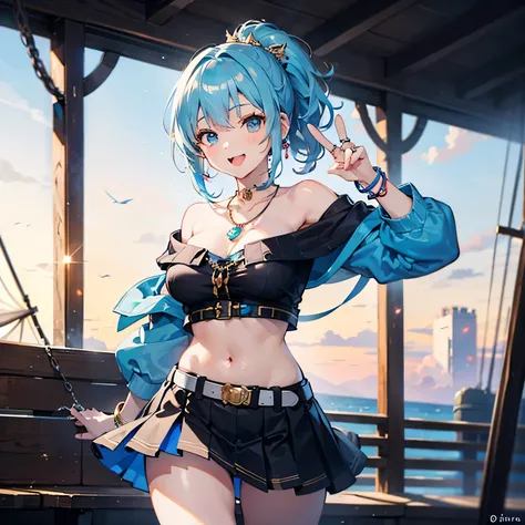 Anime Moe Art Style,highest quality,High resolution,Anatomically correct,One Girl,Mid-teens,A girl with light blue hair in a ponytail,Super detailed,Fantasy-style world,Off-the-shoulder tops,mini skirt,Big Breasts,Laughing with your mouth open,Sideways pea...