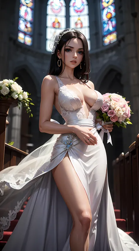 Beautiful black hair woman is shown to have a sexy figure. She is wearing a  beautiful  detailed wedding dress , jewelry, holding a bouquet of flowers, she has blue eyes, Girl standing in a church aisle, sexy session, front facing viewer, cowboy shot, supe...