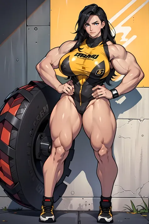 full body 1 girl (((massive female bodybuilder))) ((((huge breasts)))) NSFW pale skin long legs black hair yellow eyes 