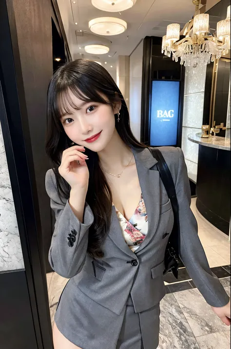 Angle from below、Modern space、Hotel Lobby、Boyish Hair、Black Hair、Jacket、Gray color suit、short skirt with floral pattern,、Cleavage（Very large breasts、Very thin and long legs、Perfect figure、High heels、whole body、smile）、1 female、No makeup、Age 25、（masterpiece、...