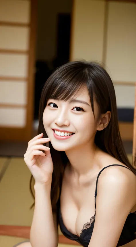 masterpiece,best quality,(Japanese ),((Beautiful girl)),cleavage,indoor,(perfect body beauty:1.2),(shy smile),beautiful teeth,