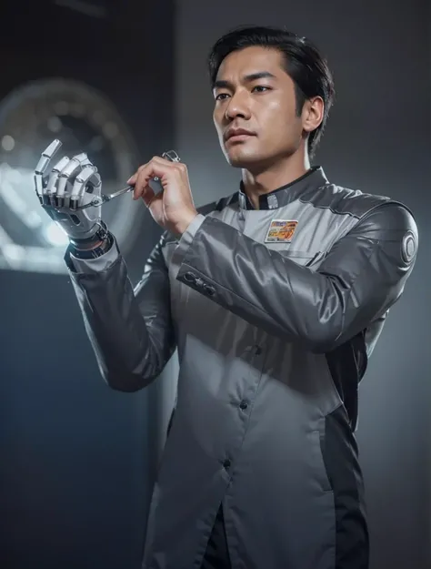 male scientist, Asian face, well-combed black hair, has a robotic hand, wears an ultra modern scientist suit, is in a bunker laboratory, radar screens, Ultra detailed, hyper realistic, 4k, Ultra detailed image, realistic, Highly detailed , perfect composit...