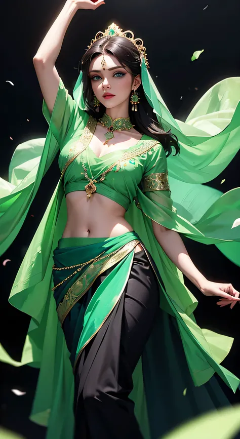 beautiful russian woman, lblack silk blouse and light green saree, amazing makeup, beautiful face, blue eyes, traditional look and dance