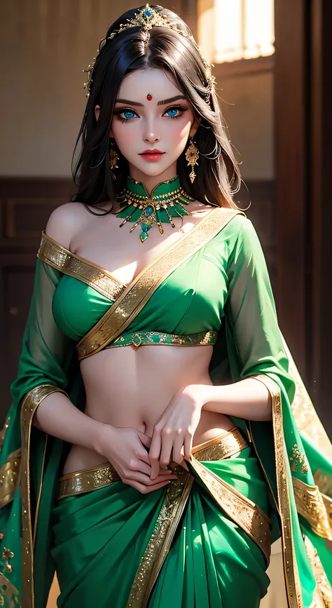 beautiful russian woman, lblack silk blouse and light green saree, amazing makeup, beautiful face, blue eyes, traditional look and dance