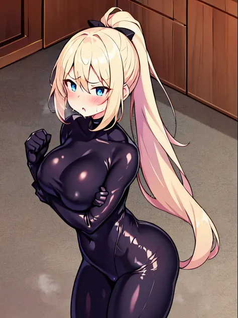 1 girl,punching,Black tight suit,blush,Serious face,blue eyes,Sweat,Blonde,ponytail,Standing,Large Breasts,