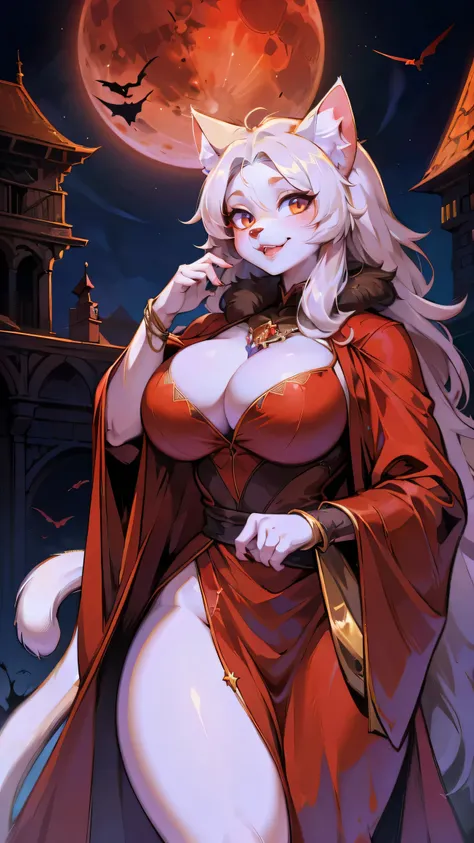 red robe,Large Breasts,(best quality,4k,8k,highres,masterpiece:1.2),ultra-detailed,(fluffy:1.5),catwoman,(beautiful/detailed eyes:1.1),long lashes,flowy chiffon,(jewelry/accessories:1.1),well-proportioned figure,(thick thighs:1.1),loona,perfectly high-deta...