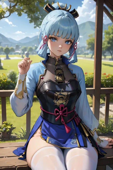 (paysage genshin impact), (finely detailed eyes and detailed face:1.3), (extremely fine and beautiful:1.1), (Perfect details:1.1), (gros seins), (((portrait))), ((haut du personnage)), kamisato ayaka, official alternate costume, 1girl,blue hair,short hair,...