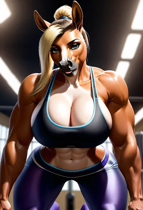 4k highly detailed realistic digital extremely high quality drawing, masterpiece, (by keeltheequine), (uploaded on e621), (a full-body portrait of a female anthro horse), ((on all fours in a gym, low angle POV)), ((wearing a sexy sports bra and tight yoga ...