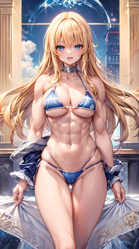 Very detailed、highest quality、Best image quality、masterpiece、8k、Anime Face、A kind smile、(Open your mouth:1.3)、Sparkling blue eyes、(Blonde Hair:1.5)、(Muscles of the whole body:1.3)、(High leg:1.5)、Thigh belt、(bikini:1.5)、(Cowboy Shot:1.5)、(SFW Giant)