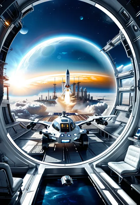 look outside through a flashing window,an extraterrestrial big city,with space station and energy center located in a futuristic...